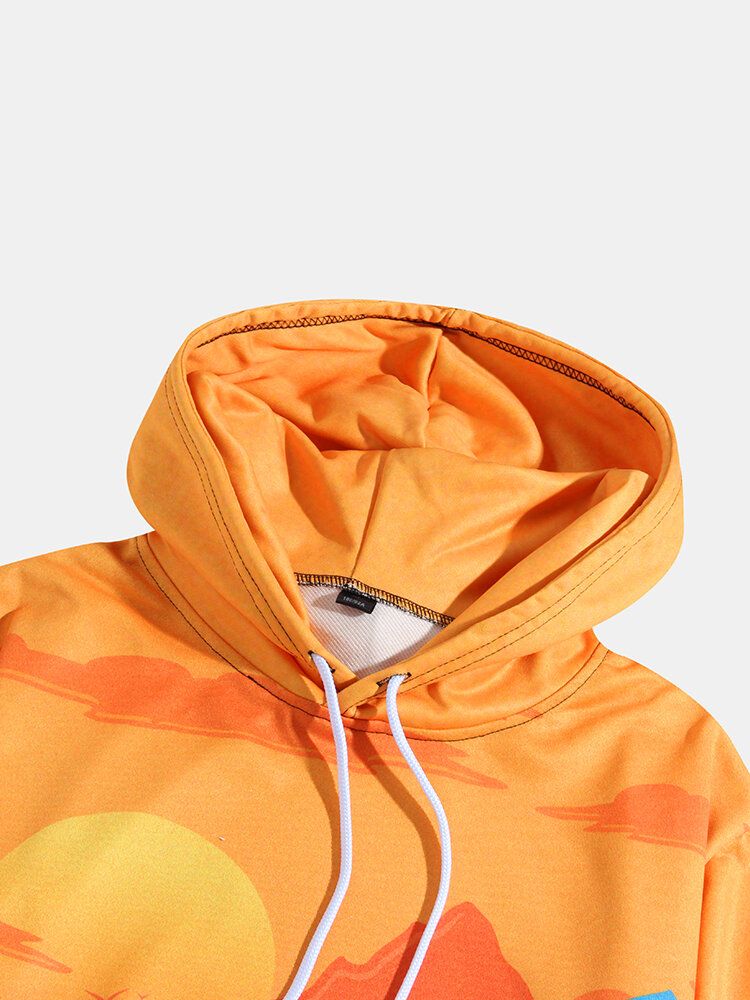 Sudaderas Con Capucha De Manga Larga Con Bolsillo Con Estampado Sunset Lake Landscape Para Hombre