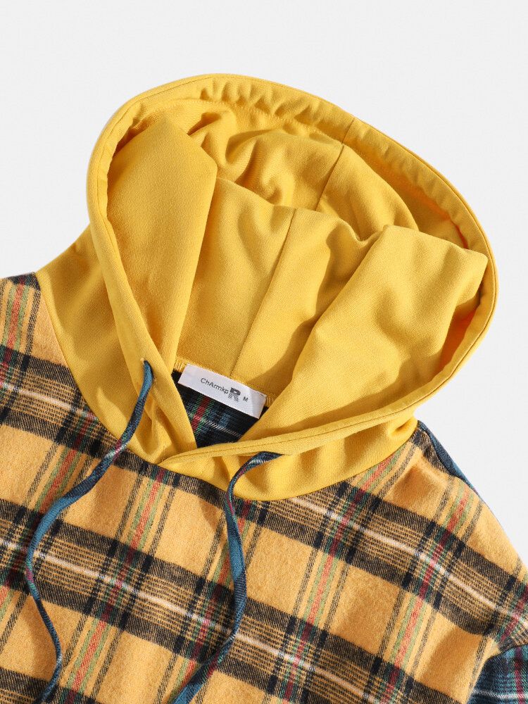 Sudaderas Con Capucha De Manga Larga Cálidas De Patchwork A Cuadros Vintage 100% Algodón Para Hombre