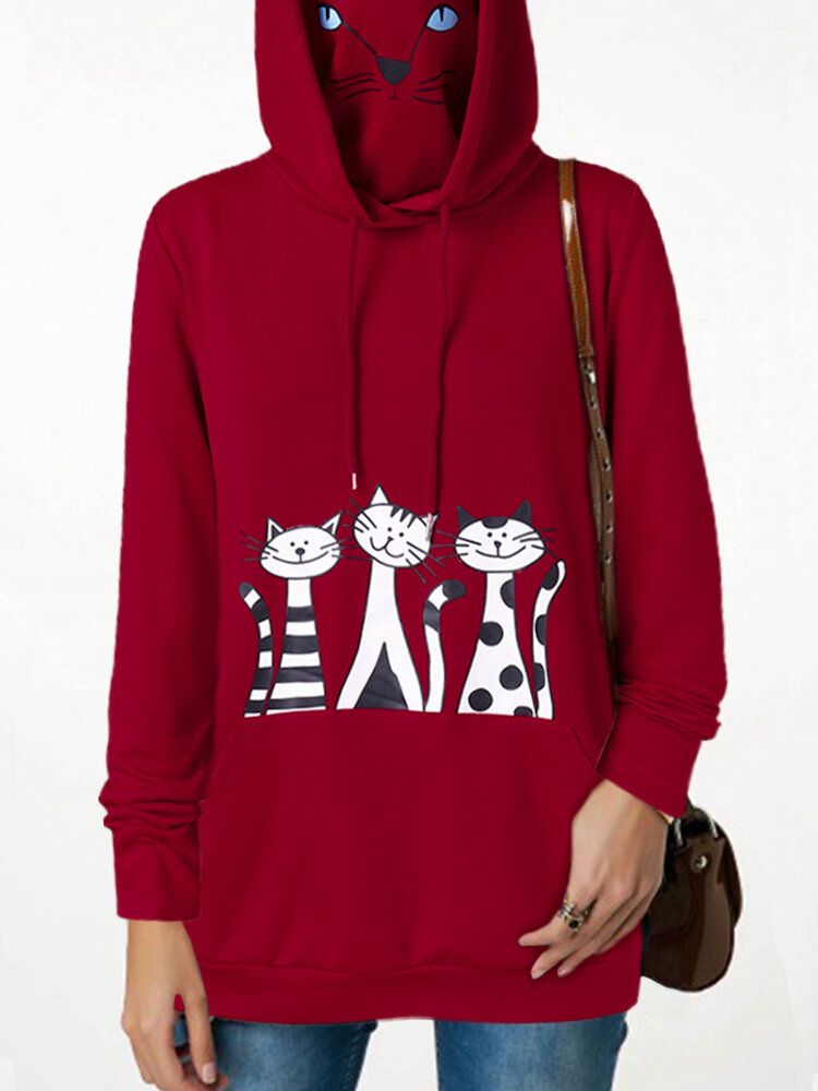 Sudaderas Con Capucha De Manga Larga Con Cuello Doble Y Estampado De Gato De Dibujos Animados Para Mujer