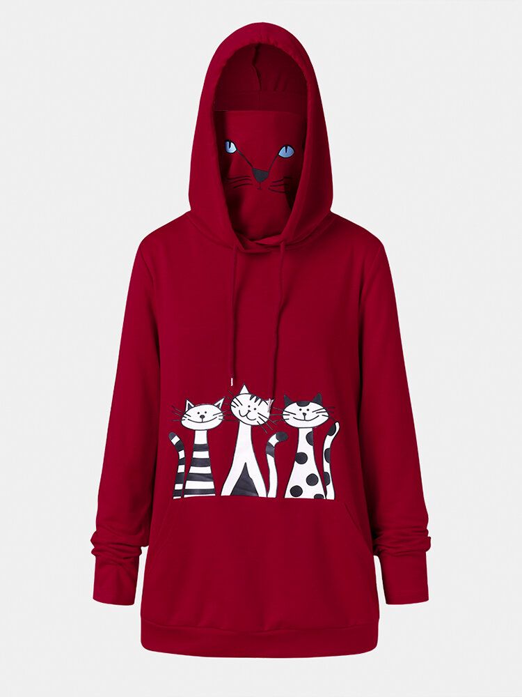 Sudaderas Con Capucha De Manga Larga Con Cuello Doble Y Estampado De Gato De Dibujos Animados Para Mujer