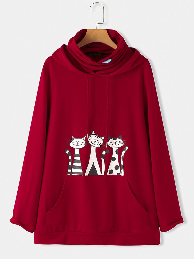 Sudaderas Con Capucha De Manga Larga Con Cuello Doble Y Estampado De Gato De Dibujos Animados Para Mujer