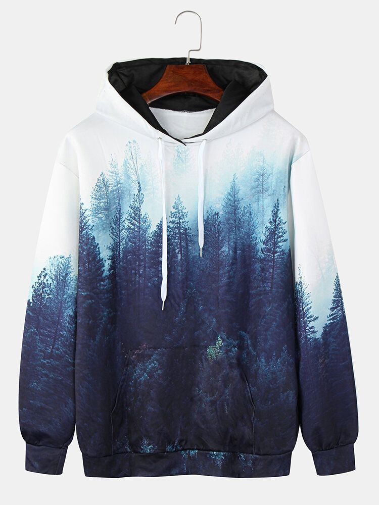 Sudaderas Con Capucha De Manga Larga Con Diseño De Estampado De Paisaje Forestal Para Hombre Con Bolsillo