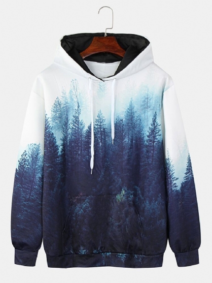 Sudaderas Con Capucha De Manga Larga Con Diseño De Estampado De Paisaje Forestal Para Hombre Con Bolsillo