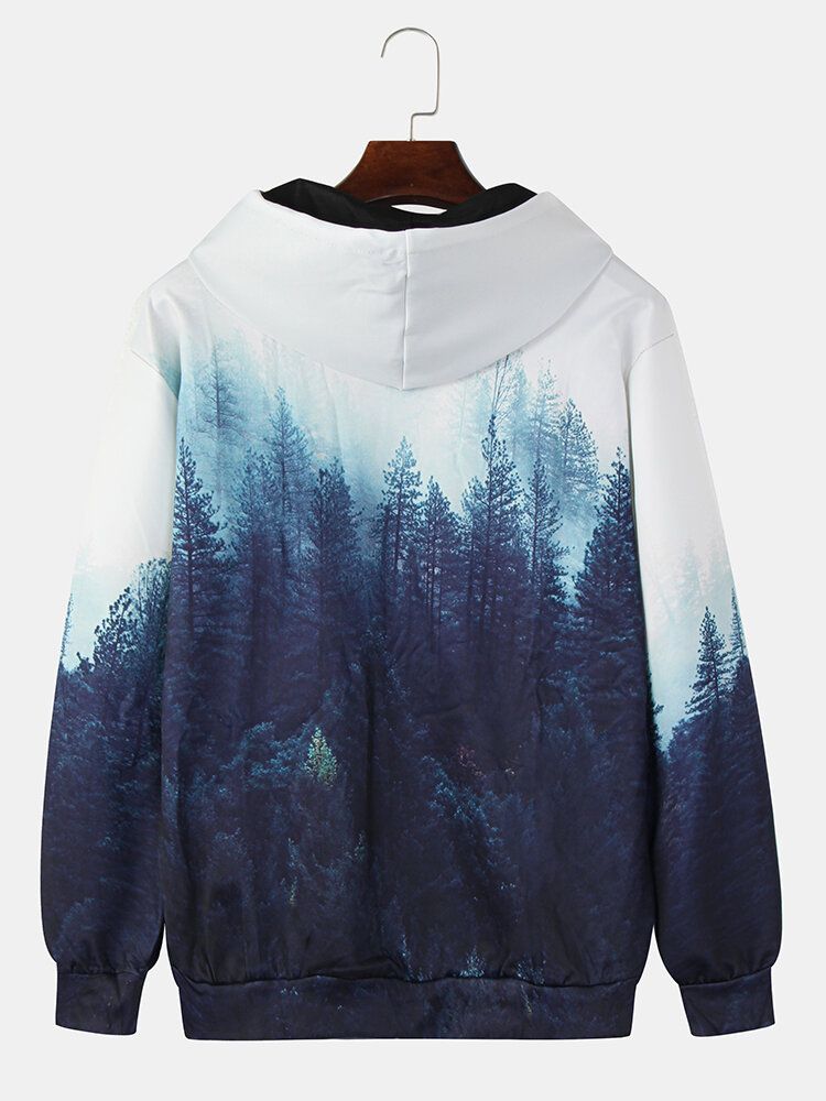 Sudaderas Con Capucha De Manga Larga Con Diseño De Estampado De Paisaje Forestal Para Hombre Con Bolsillo