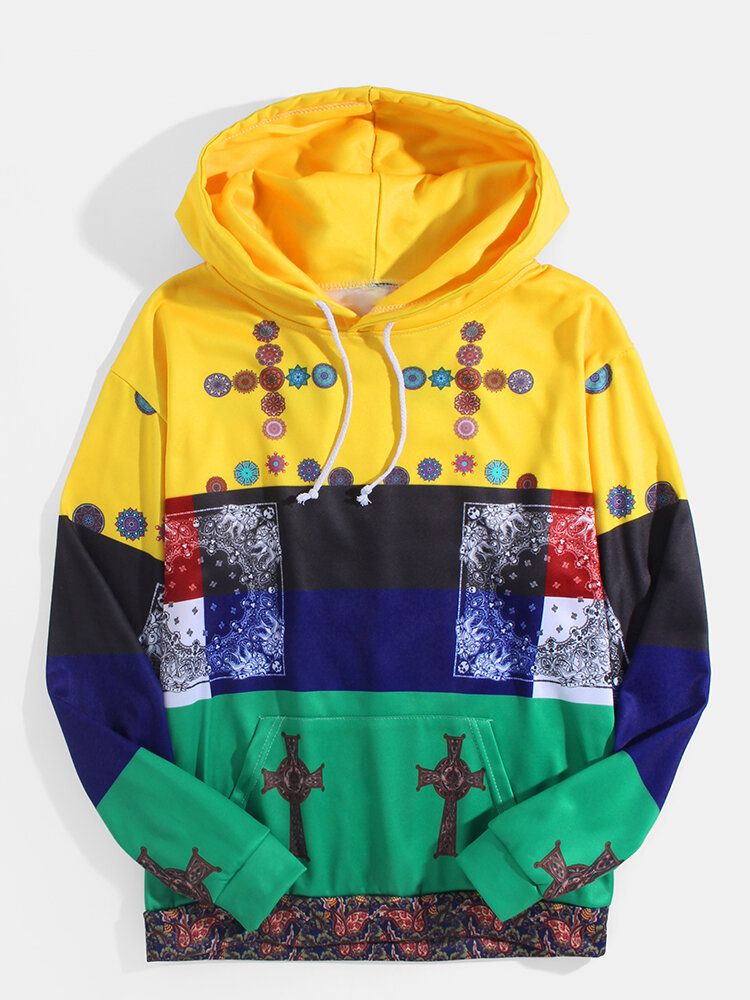 Sudaderas Con Capucha De Manga Larga Con Estampado De Bloque De Color Con Estampado De Estilo Étnico Para Hombre