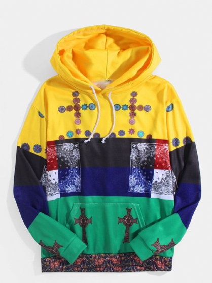 Sudaderas Con Capucha De Manga Larga Con Estampado De Bloque De Color Con Estampado De Estilo Étnico Para Hombre