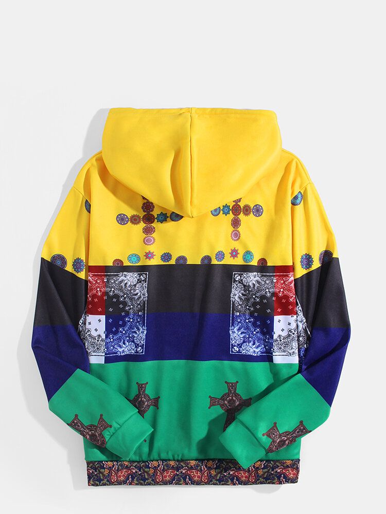 Sudaderas Con Capucha De Manga Larga Con Estampado De Bloque De Color Con Estampado De Estilo Étnico Para Hombre