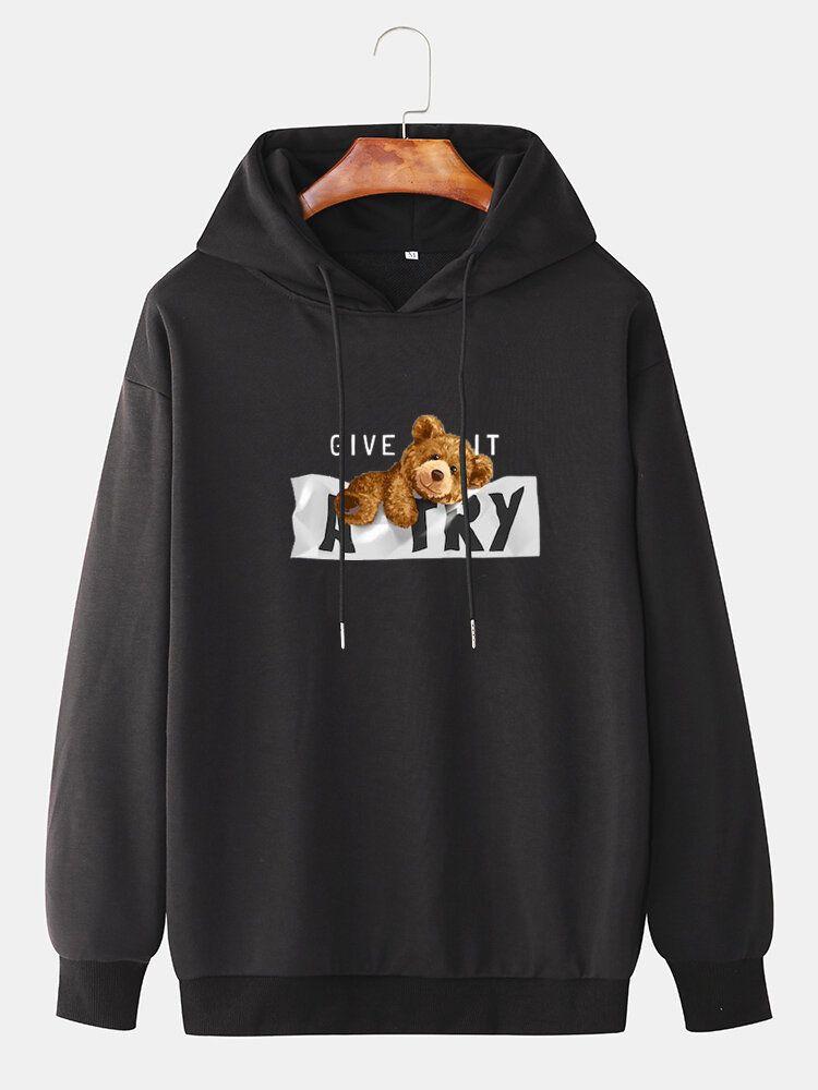 Sudaderas Con Capucha De Manga Larga Con Estampado De Eslogan De Oso De Dibujos Animados Para Hombre