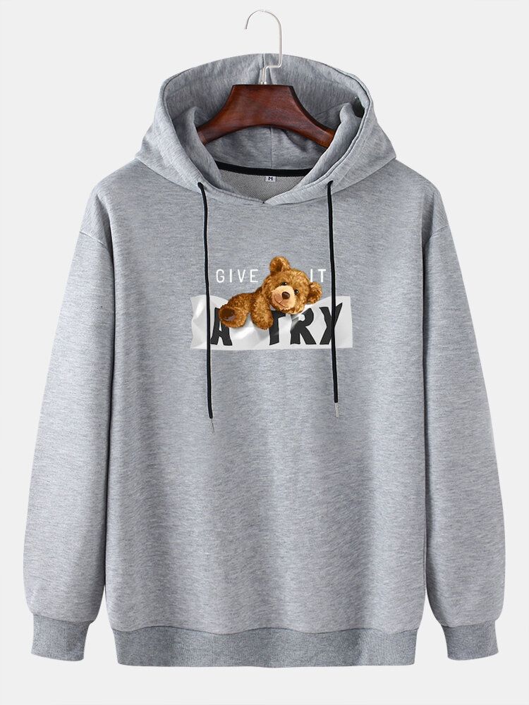 Sudaderas Con Capucha De Manga Larga Con Estampado De Eslogan De Oso De Dibujos Animados Para Hombre