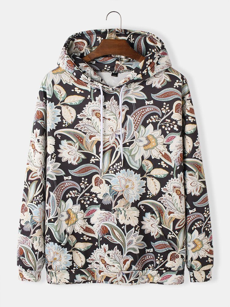 Sudaderas Con Capucha De Manga Larga Con Estampado Floral Vintage Para Hombre Con Bolsillo Canguro