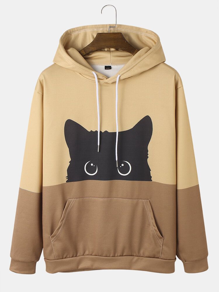 Sudaderas Con Capucha De Manga Larga Con Estampado De Gato De Dibujos Animados De Colores Contrastantes Para Hombre