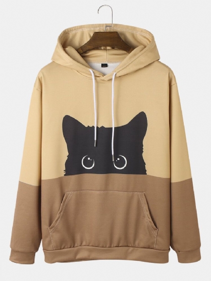 Sudaderas Con Capucha De Manga Larga Con Estampado De Gato De Dibujos Animados De Colores Contrastantes Para Hombre