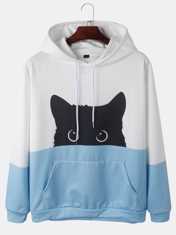 Sudaderas Con Capucha De Manga Larga Con Estampado De Gato De Dibujos Animados De Colores Contrastantes Para Hombre