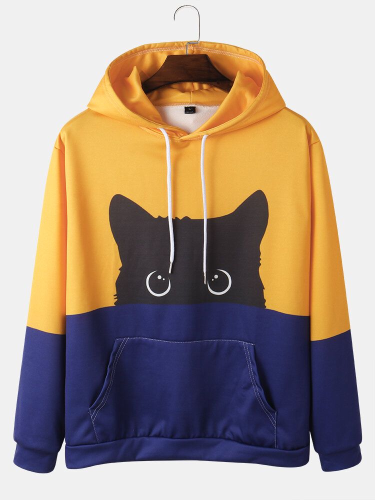 Sudaderas Con Capucha De Manga Larga Con Estampado De Gato De Dibujos Animados De Colores Contrastantes Para Hombre