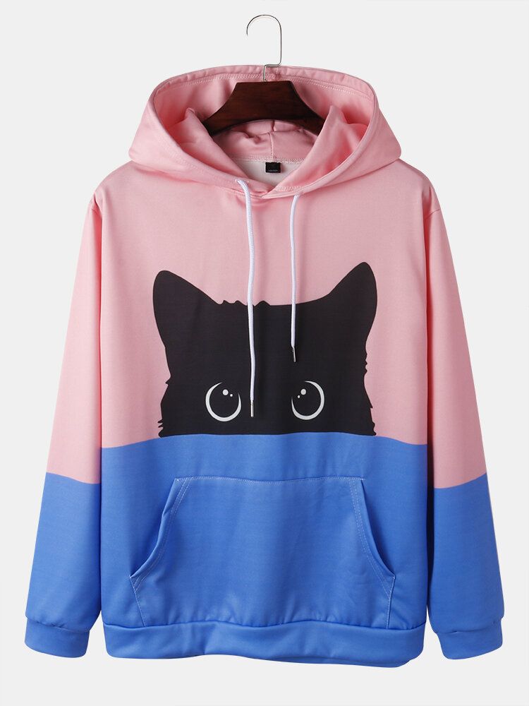 Sudaderas Con Capucha De Manga Larga Con Estampado De Gato De Dibujos Animados De Colores Contrastantes Para Hombre