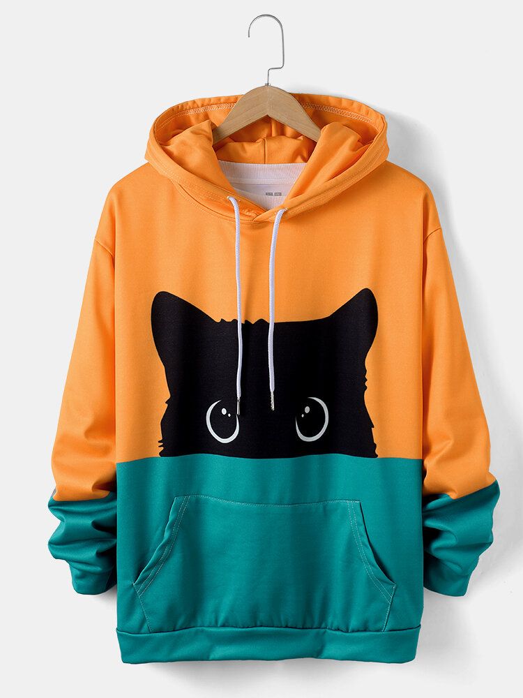 Sudaderas Con Capucha De Manga Larga Con Estampado De Gato De Dibujos Animados De Colores Contrastantes Para Hombre