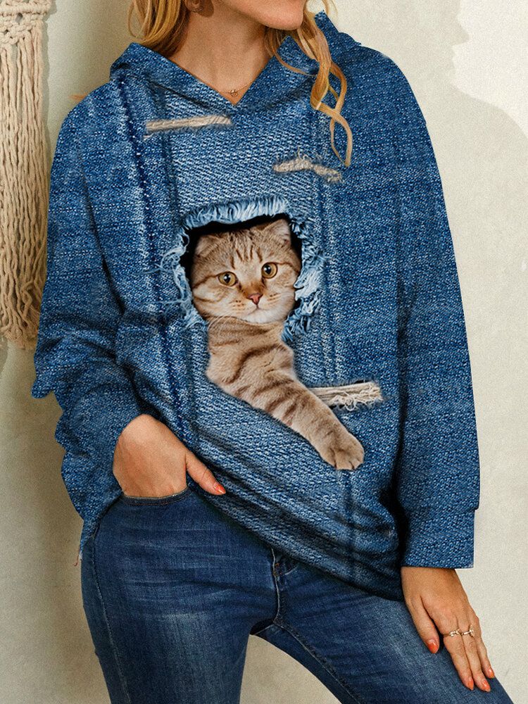 Sudaderas Con Capucha De Manga Larga Con Estampado De Gato De Dibujos Animados Lindo Para Mujer