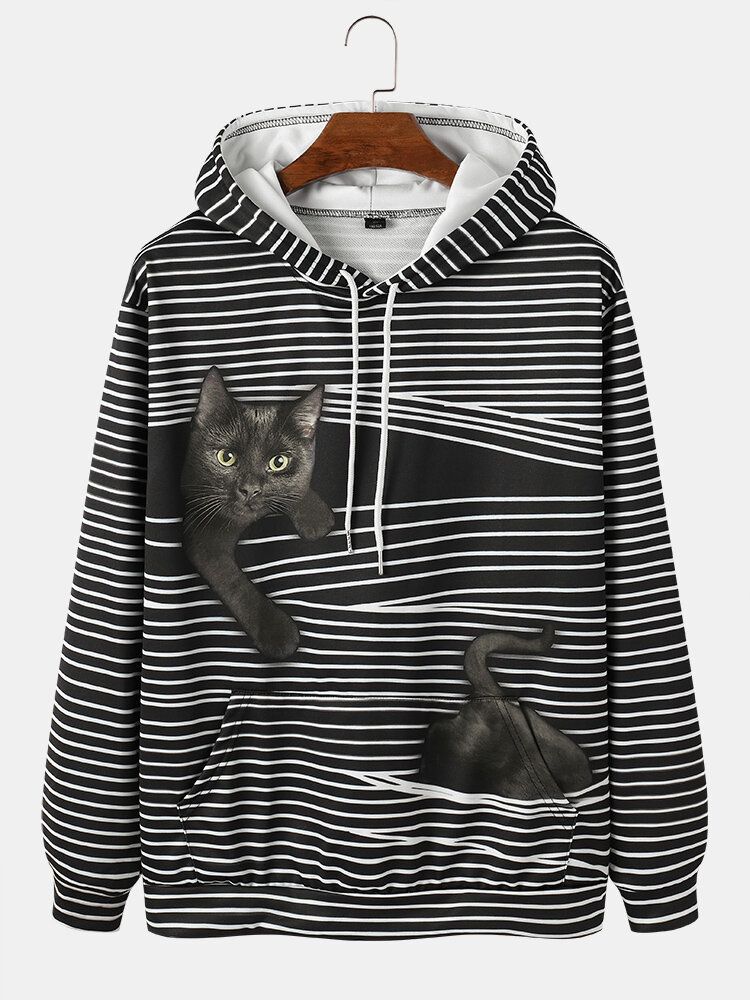 Sudaderas Con Capucha De Manga Larga Con Estampado De Gato Negro A Rayas Para Hombre Con Bolsillo