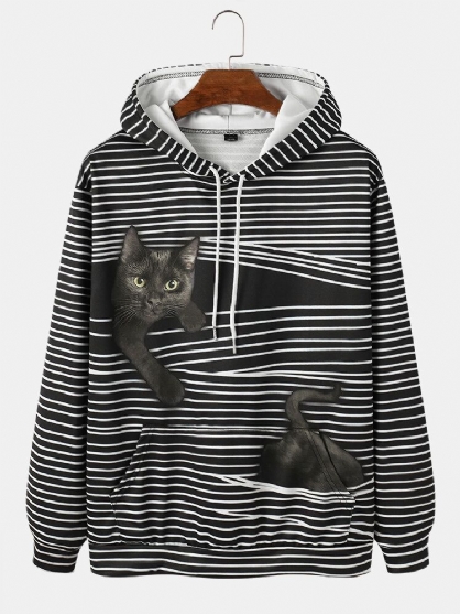 Sudaderas Con Capucha De Manga Larga Con Estampado De Gato Negro A Rayas Para Hombre Con Bolsillo