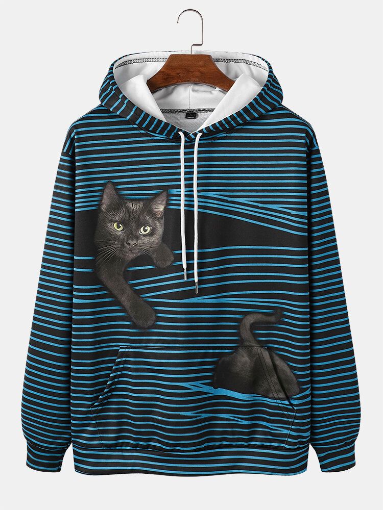 Sudaderas Con Capucha De Manga Larga Con Estampado De Gato Negro A Rayas Para Hombre Con Bolsillo