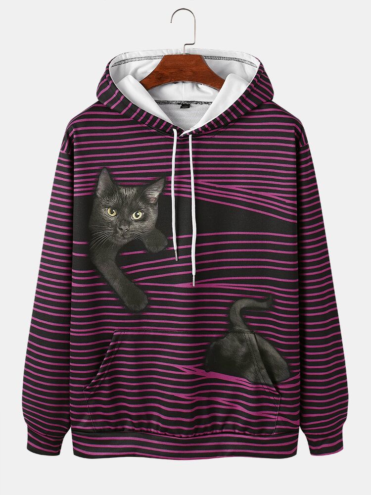 Sudaderas Con Capucha De Manga Larga Con Estampado De Gato Negro A Rayas Para Hombre Con Bolsillo