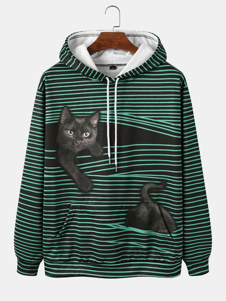 Sudaderas Con Capucha De Manga Larga Con Estampado De Gato Negro A Rayas Para Hombre Con Bolsillo