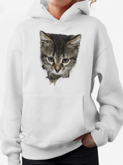 Sudaderas Con Capucha De Manga Larga Con Estampado De Gato Y Bolsillo Para Mujer