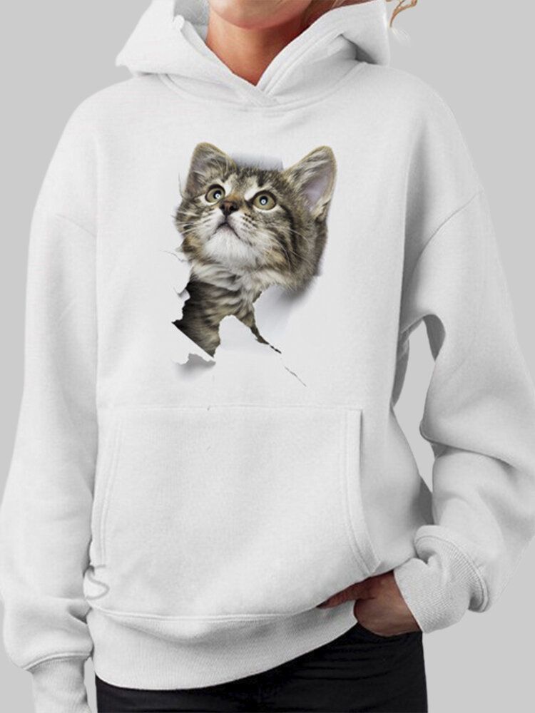 Sudaderas Con Capucha De Manga Larga Con Estampado De Gato Y Bolsillo Para Mujer