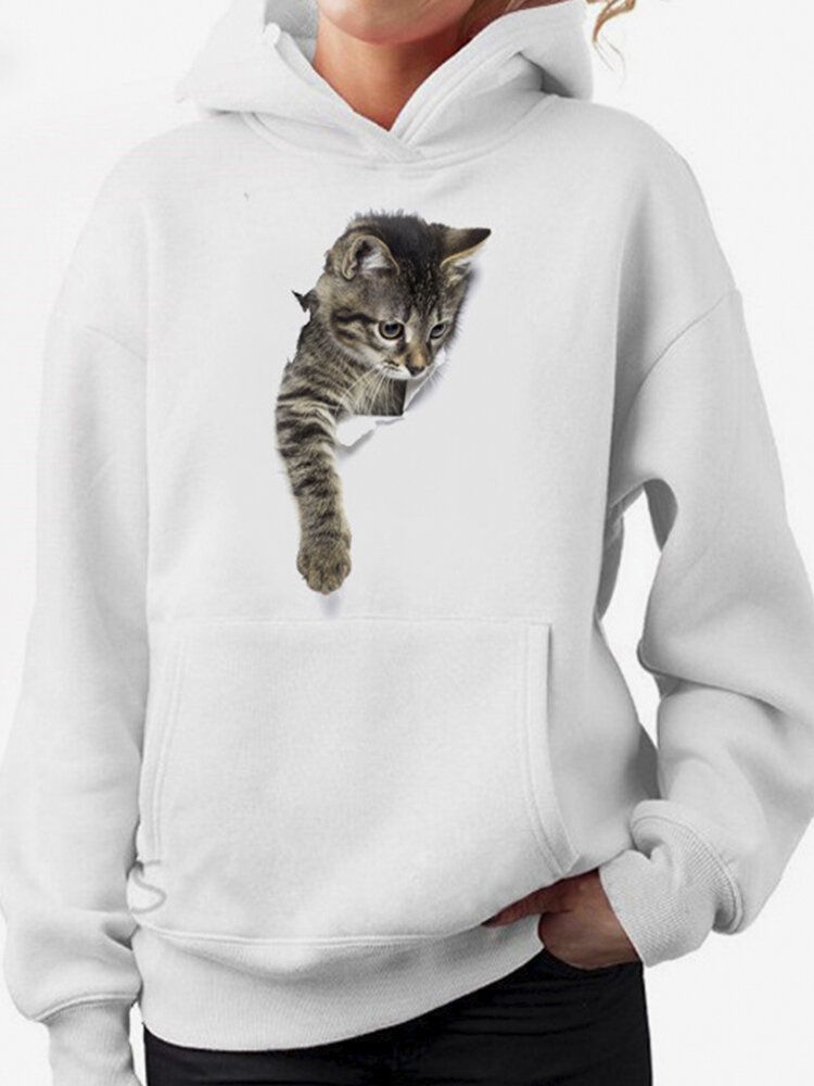 Sudaderas Con Capucha De Manga Larga Con Estampado De Gato Y Bolsillo Para Mujer