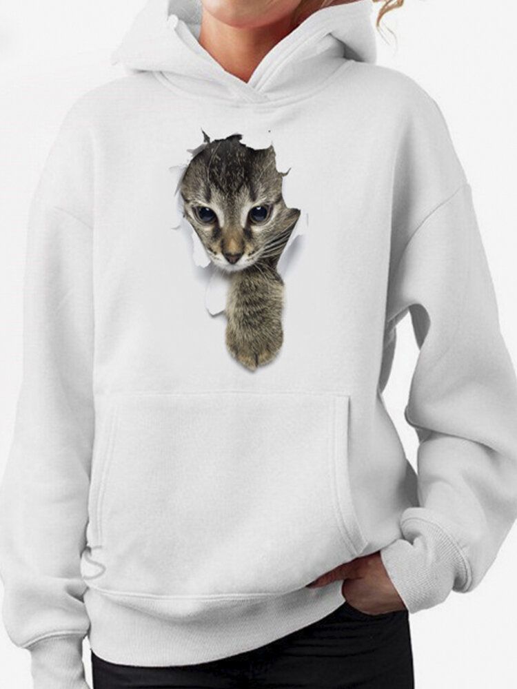 Sudaderas Con Capucha De Manga Larga Con Estampado De Gato Y Bolsillo Para Mujer