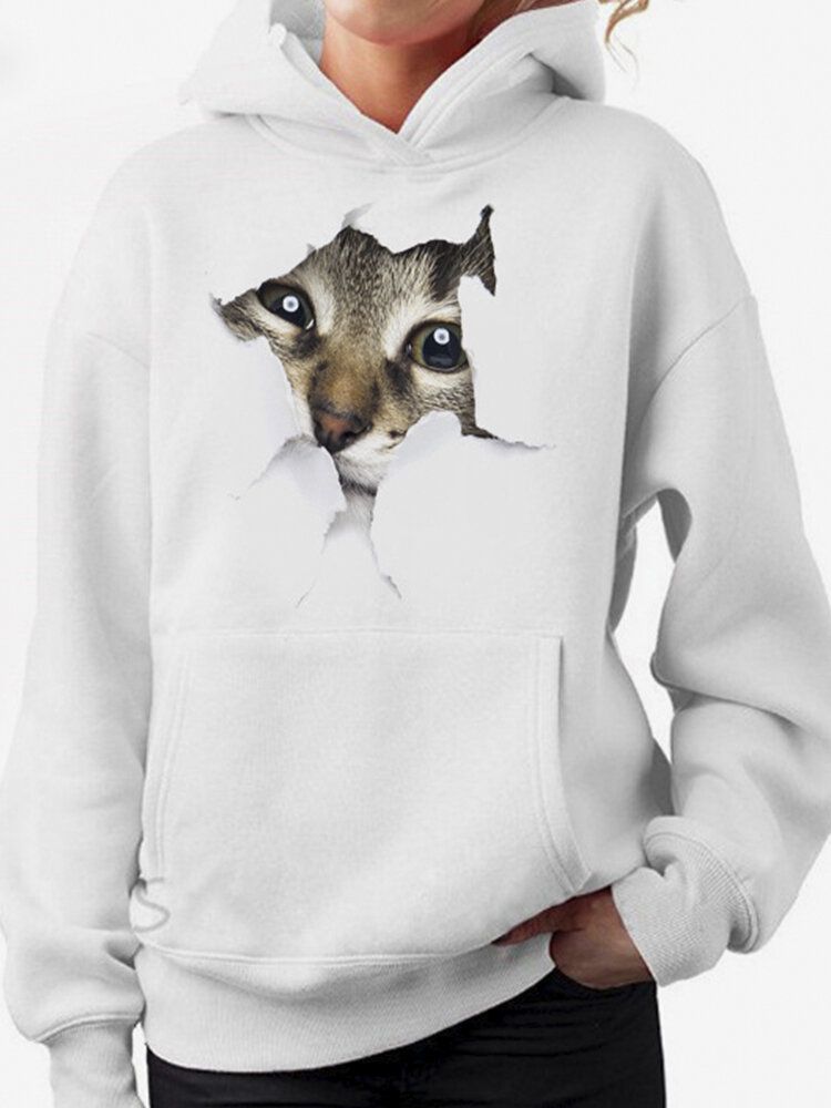 Sudaderas Con Capucha De Manga Larga Con Estampado De Gato Y Bolsillo Para Mujer