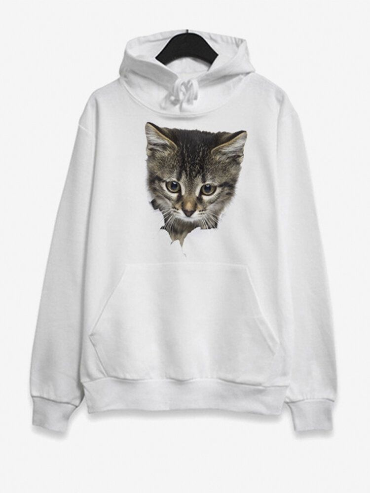 Sudaderas Con Capucha De Manga Larga Con Estampado De Gato Y Bolsillo Para Mujer