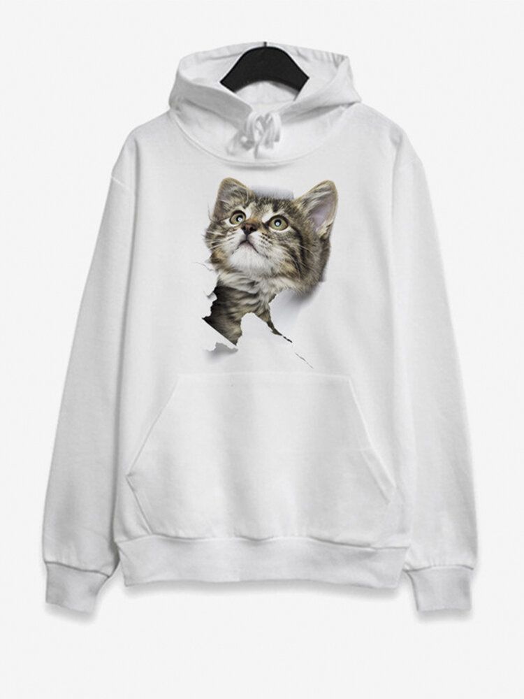 Sudaderas Con Capucha De Manga Larga Con Estampado De Gato Y Bolsillo Para Mujer