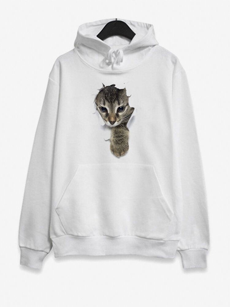 Sudaderas Con Capucha De Manga Larga Con Estampado De Gato Y Bolsillo Para Mujer