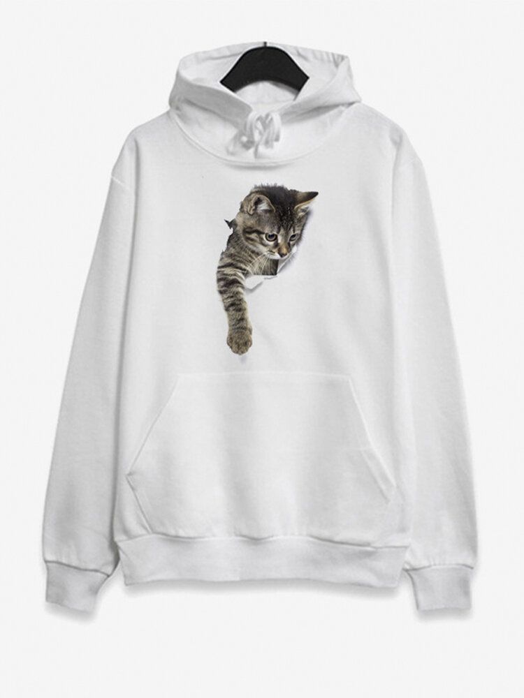 Sudaderas Con Capucha De Manga Larga Con Estampado De Gato Y Bolsillo Para Mujer