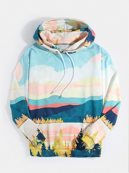 Sudaderas Con Capucha De Manga Larga Con Estampado De Paisaje Colorido Para Hombre Con Bolsillo