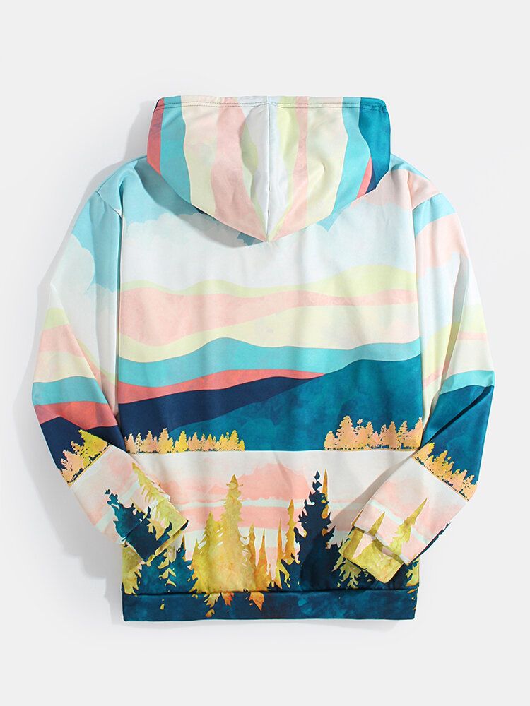 Sudaderas Con Capucha De Manga Larga Con Estampado De Paisaje Colorido Para Hombre Con Bolsillo