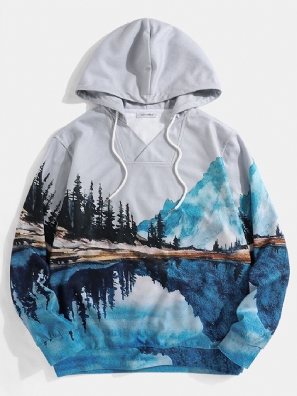 Sudaderas Con Capucha De Manga Larga Con Estampado De Paisaje Para Hombre Y Bolsillo Canguro