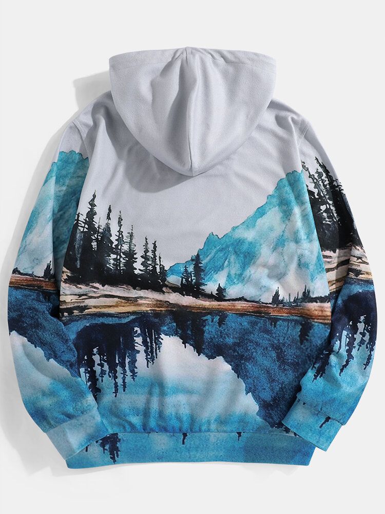 Sudaderas Con Capucha De Manga Larga Con Estampado De Paisaje Para Hombre Y Bolsillo Canguro