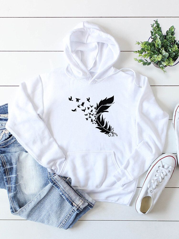 Sudaderas Con Capucha De Manga Larga Con Estampado De Plumas Para Mujer