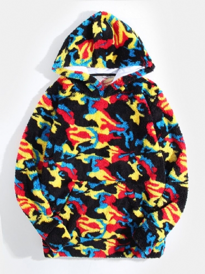 Sudaderas Con Capucha De Manga Larga De Felpa Mullida De Camuflaje Con Efecto Tie Dye Con Bolsillo