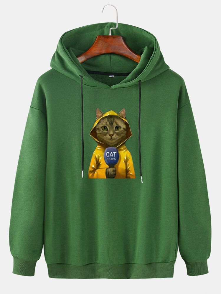 Sudaderas Con Capucha De Manga Larga Con Hombros Caídos Y Estampado De Gato De Dibujos Animados Lindo Para Hombre