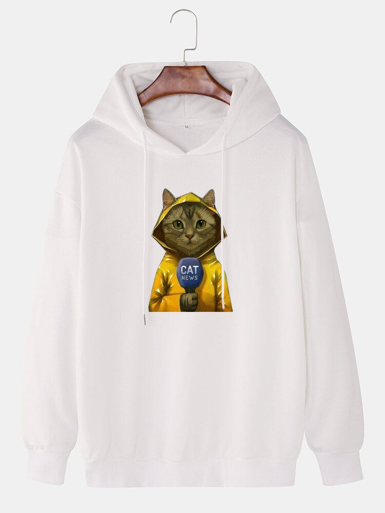 Sudaderas Con Capucha De Manga Larga Con Hombros Caídos Y Estampado De Gato De Dibujos Animados Lindo Para Hombre