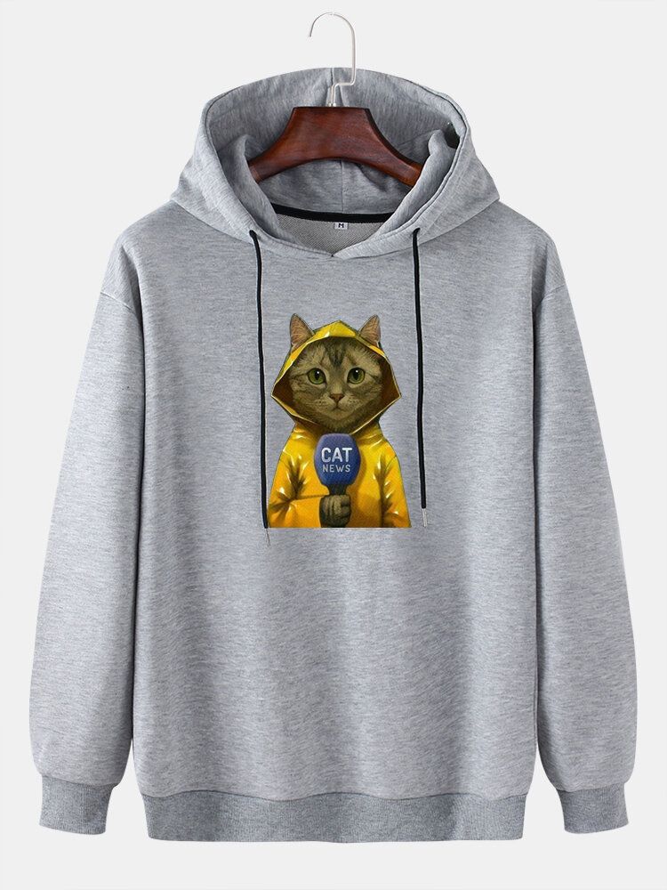 Sudaderas Con Capucha De Manga Larga Con Hombros Caídos Y Estampado De Gato De Dibujos Animados Lindo Para Hombre