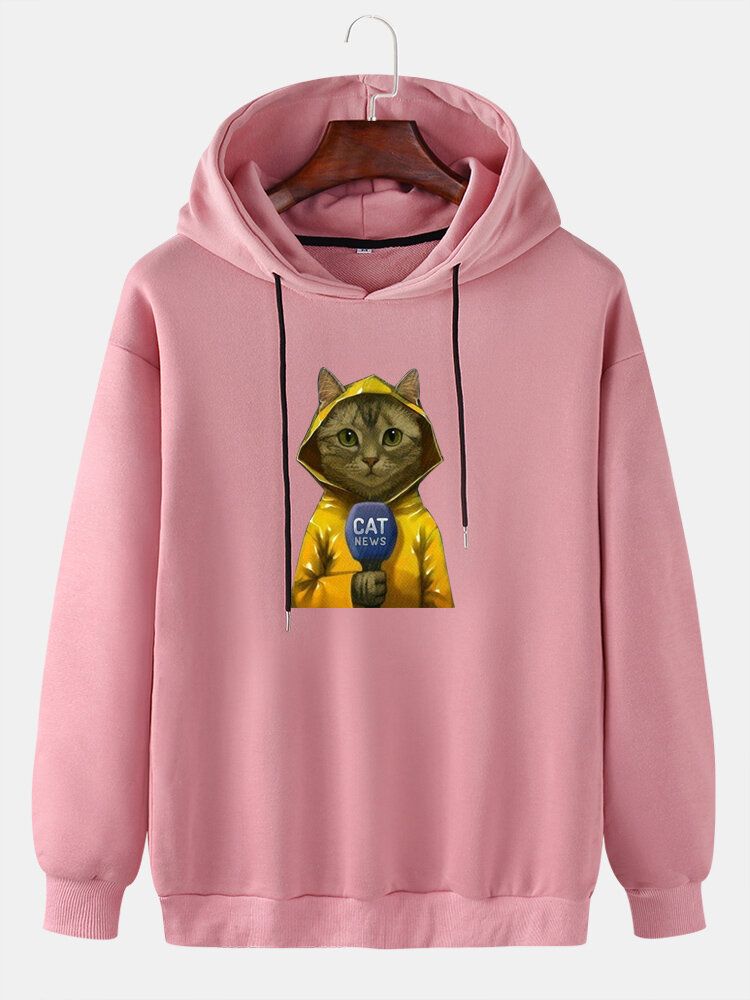 Sudaderas Con Capucha De Manga Larga Con Hombros Caídos Y Estampado De Gato De Dibujos Animados Lindo Para Hombre