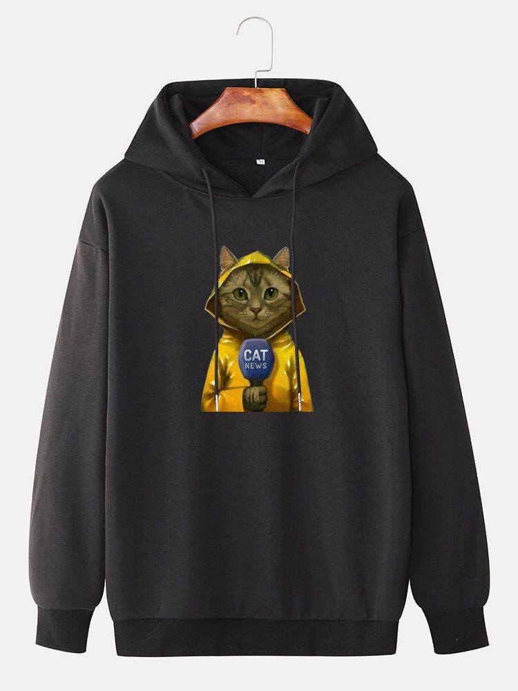 Sudaderas Con Capucha De Manga Larga Con Hombros Caídos Y Estampado De Gato De Dibujos Animados Lindo Para Hombre