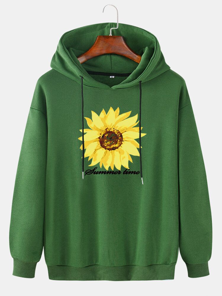 Sudaderas Con Capucha De Manga Larga Con Hombros Caídos Y Estampado De Letras De Girasol Para Hombre