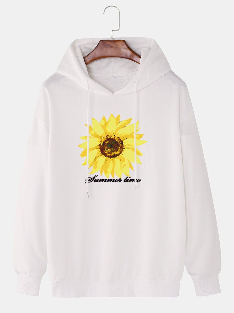 Sudaderas Con Capucha De Manga Larga Con Hombros Caídos Y Estampado De Letras De Girasol Para Hombre