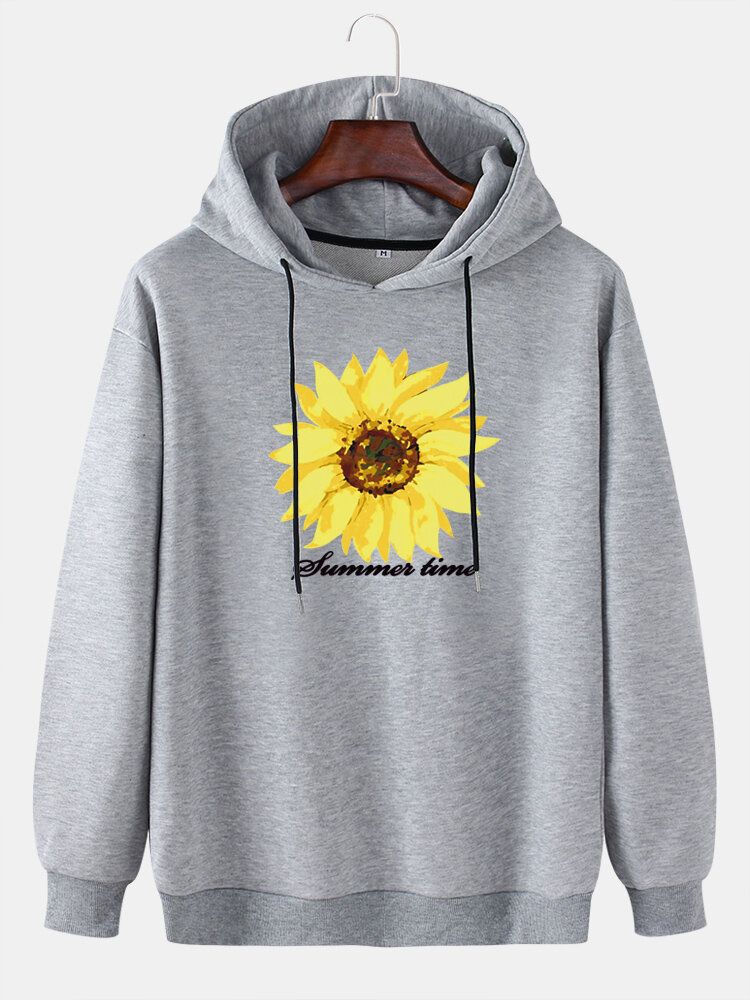 Sudaderas Con Capucha De Manga Larga Con Hombros Caídos Y Estampado De Letras De Girasol Para Hombre