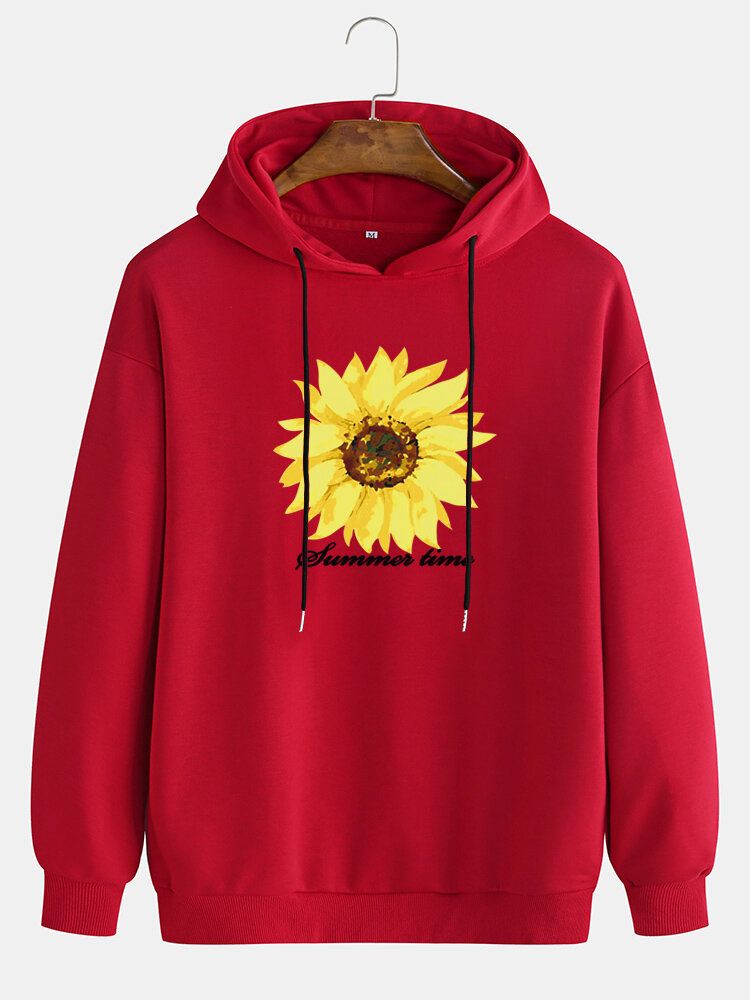 Sudaderas Con Capucha De Manga Larga Con Hombros Caídos Y Estampado De Letras De Girasol Para Hombre